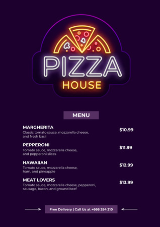 Neon Advertising Pizzeria with Delicious Pizza Menu Design Template
