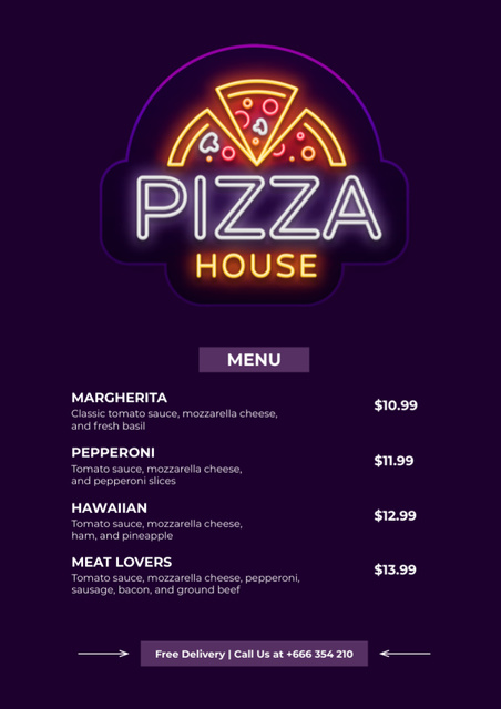Neon Advertising Pizzeria with Delicious Pizza Menu Šablona návrhu