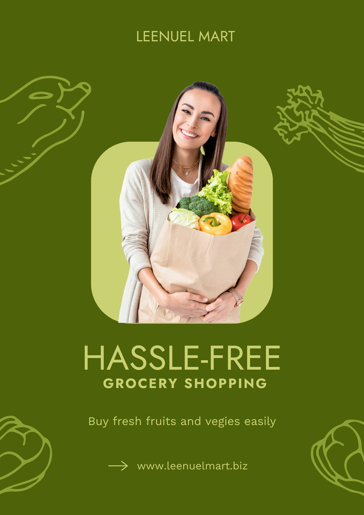 Grocery Store Ad with Woman Holding Paper Packages with Food Posterデザインテンプレート