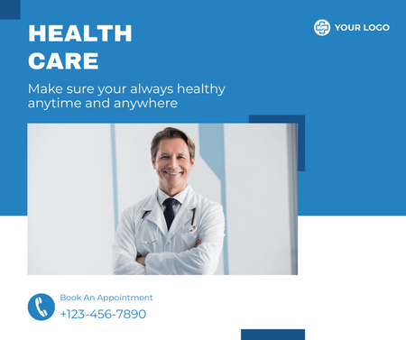 Terveydenhuoltopalvelut klinikalla hymyilevän lääkärin kanssa Facebook Design Template