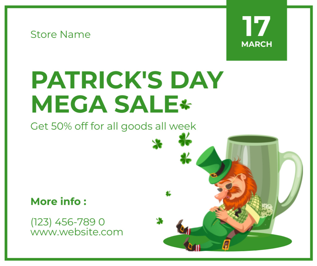 St. Patrick's Day Mega Sale Announcement with Cute Character Facebook tervezősablon