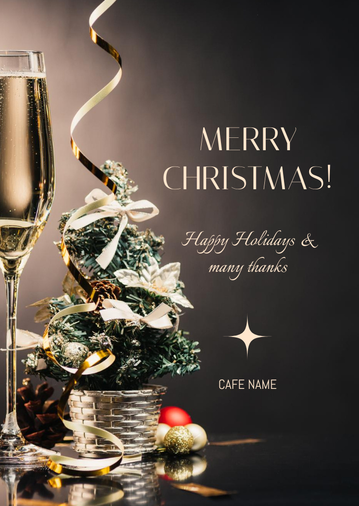 Cheerful Christmas Holiday Greetings with Champagne And Decor Postcard A6 Vertical Modelo de Design
