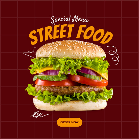 マゼンタの背景にハンバーガーと屋台の食べ物の特別メニュー Instagramデザインテンプレート