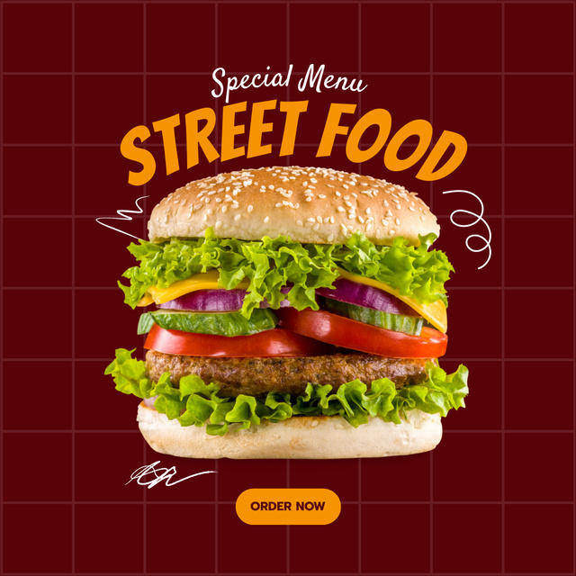 Special Menu of Street Food with Burger on Magenta Background Instagram Design Template