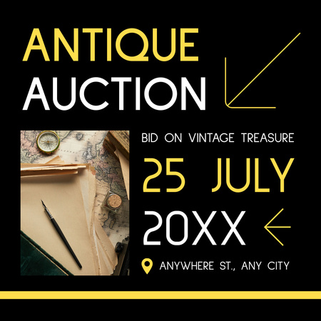 Various Treasure Items On Antiques Auction Announcement Instagram AD Design Template