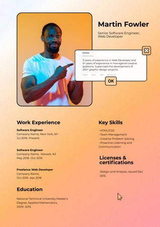 szoftvermérnöki készségek és tapasztalatok Resume tervezősablon
