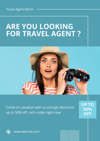 Travel Agent Services Offer with Astonished Woman Flayer Design Template