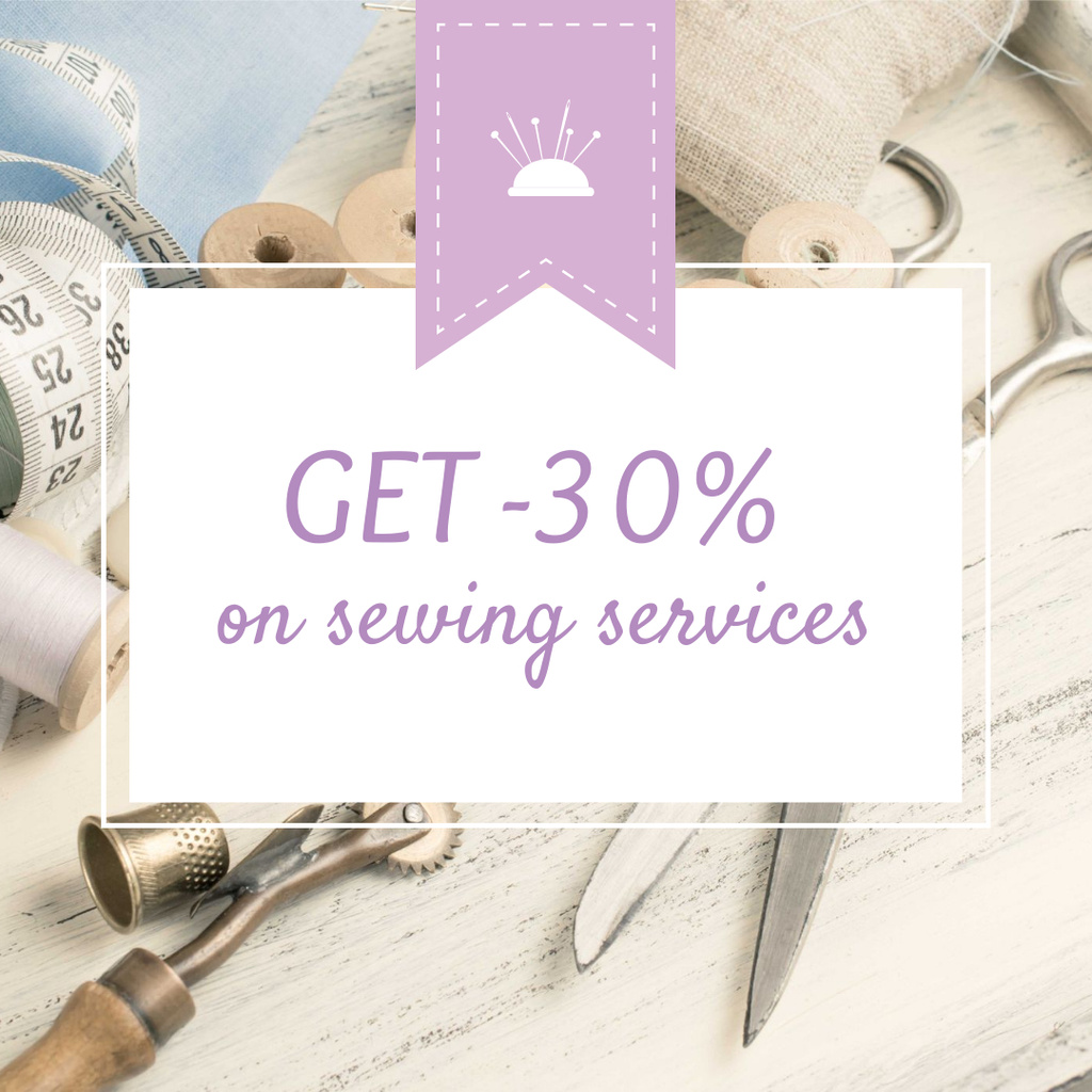 Sewing Services ad with Tools and Threads in White Instagram ADデザインテンプレート