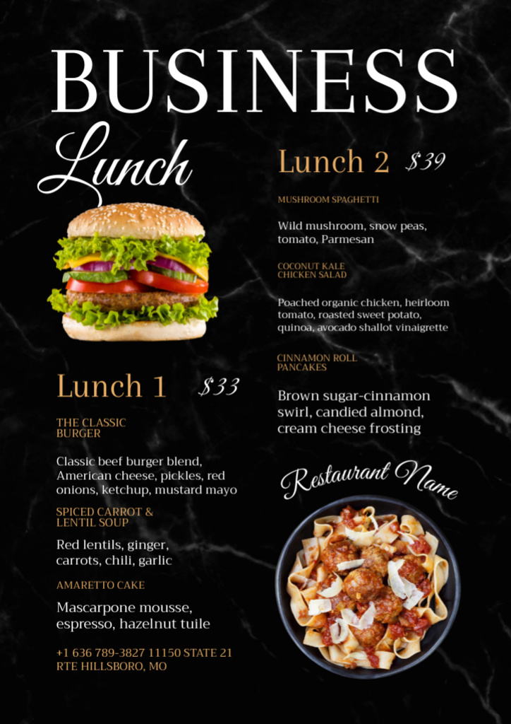 Various Business Lunches Offer In Black Menu Design Template