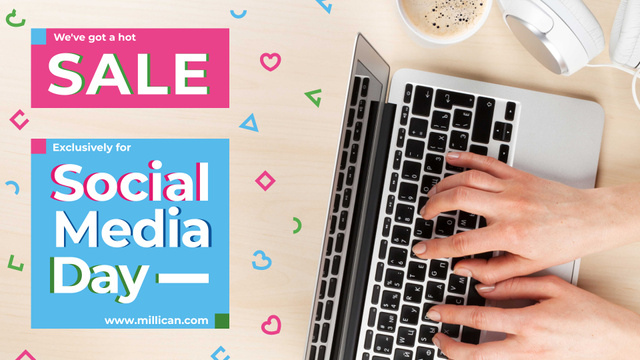 Social Media Day Sale hands typing on Laptop FB event cover – шаблон для дизайна