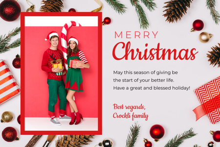 Ontwerpsjabloon van Postcard 4x6in van Christmas Greetings With Couple In Elves Costumes