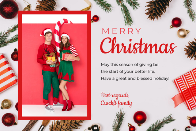 Ontwerpsjabloon van Postcard 4x6in van Fun-filled Christmas Greetings With Couple In Elves Costumes