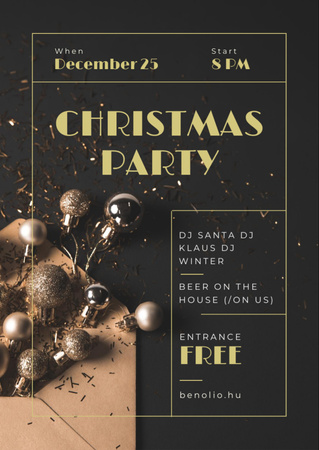 Christmas Party Invitation with Shiny Golden Baubles Flyer A6 Design Template