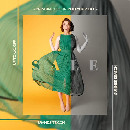 Fashion Sale Ad with Woman in Green Dress Instagram AD tervezősablon