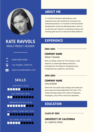 Template di design Product Designer Skills and Experience Resume