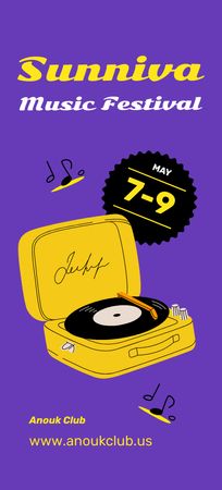 Music Festival with Vinyl Record Player in Purple Flyer 3.75x8.25in Design Template