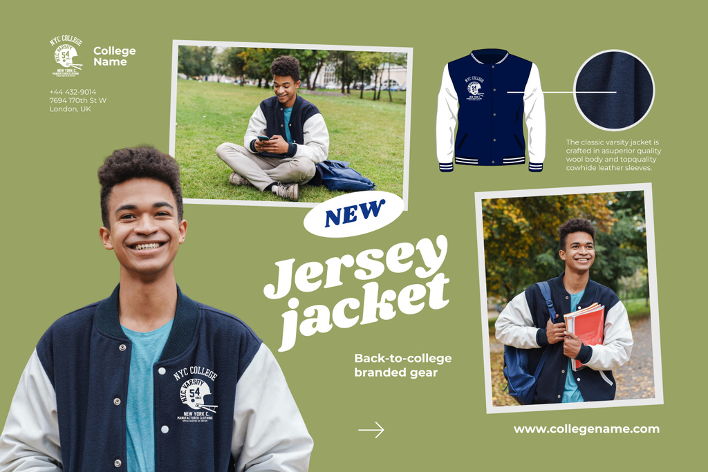 Budget-friendly College Jacket and Merch In Green Offer Mood Board Šablona návrhu