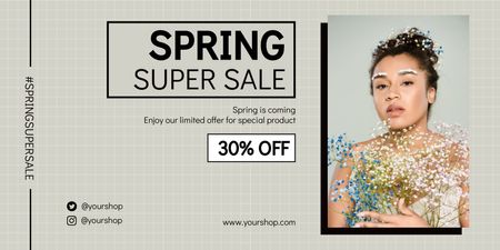 Spring Super Sale with African American Woman with Flowers Twitter Design Template