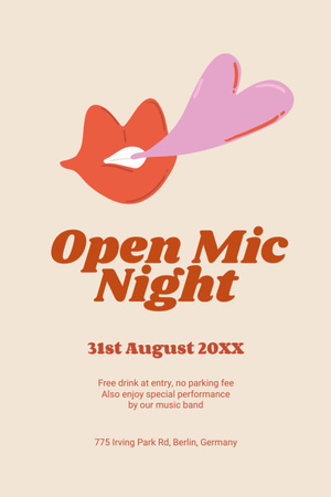 Open Mic Night Announcement with Lips Illustration Invitation 6x9in Design Template