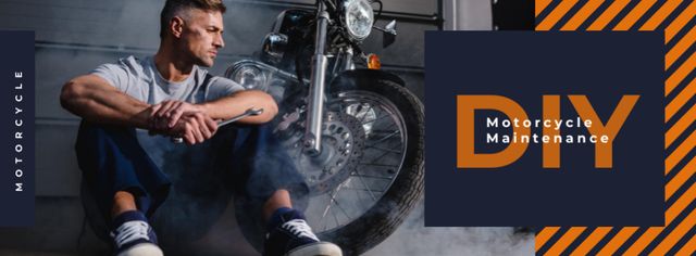 Plantilla de diseño de Biker repairing his motorcycle Facebook cover 