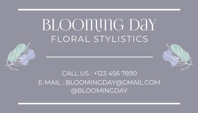 Ontwerpsjabloon van Business Card US van Florist Contact Information with Leaves on Blue Grey