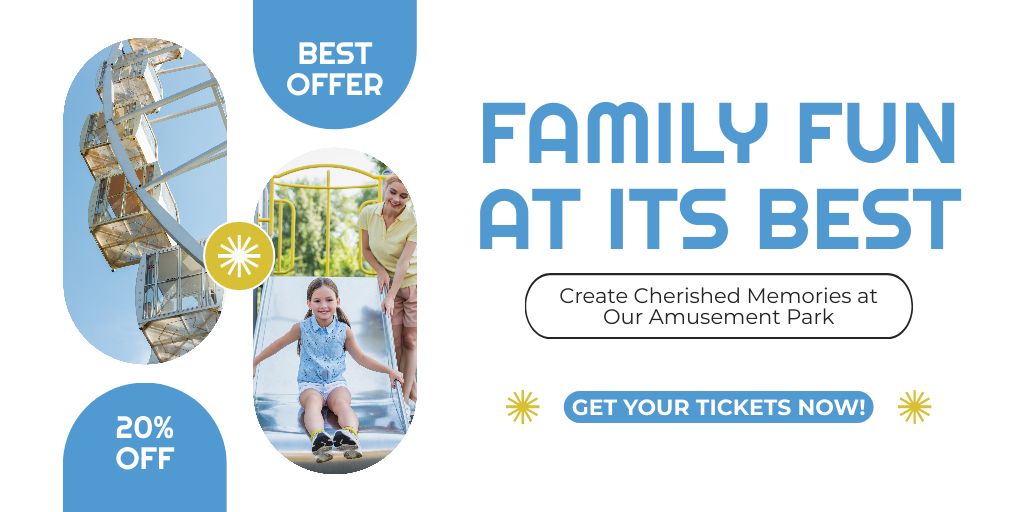 Ontwerpsjabloon van Twitter van Cheerful Amusement Park Attractions At Discounted Rates For Families