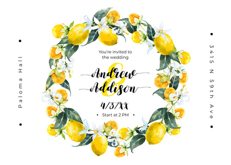Wedding Invitation Wreath with Lemons Postcard 5x7in Design Template