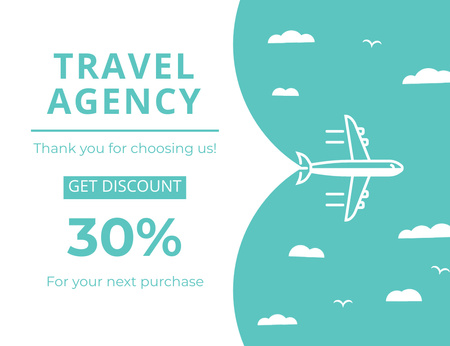 Travel Agency's Discount Offer on Blue and White Thank You Card 5.5x4in Horizontal Design Template