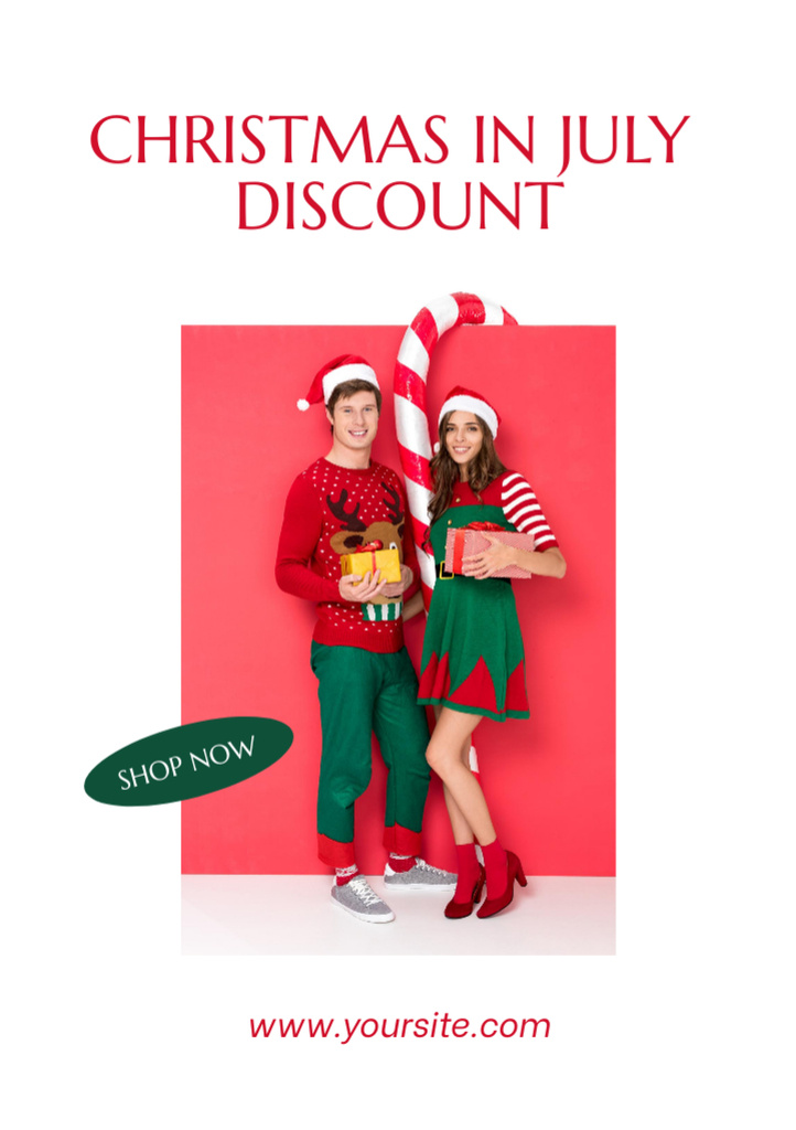 July Christmas Discount Announcement with Elves Flyer A5 Modelo de Design