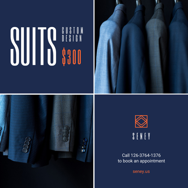 Clothes Store Sale Suits on Hanger in Blue Instagram tervezősablon