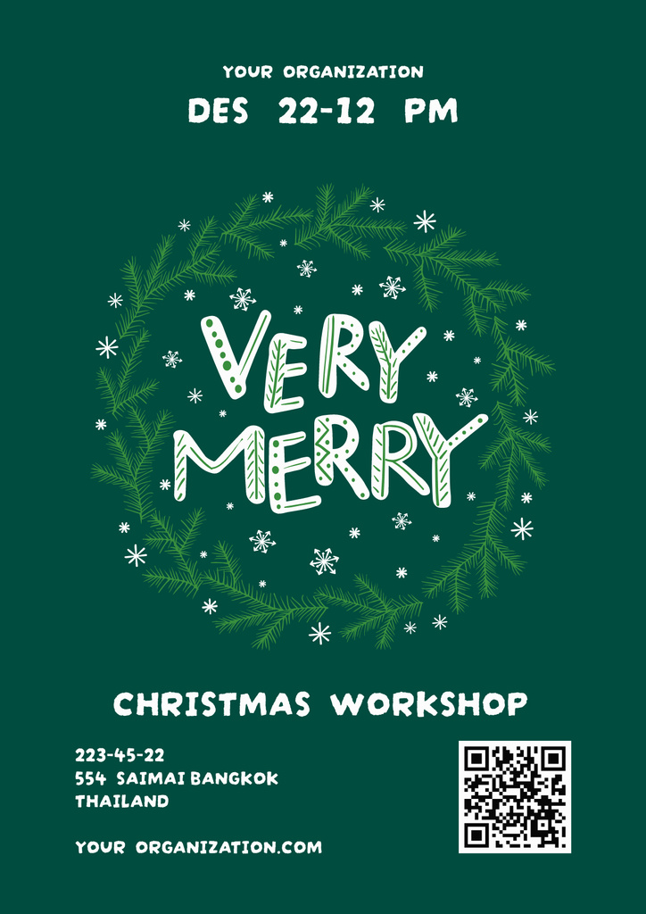 Christmas Workshop Announcement with Green Wreath Poster Design Template