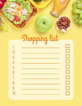Kutularda Sağlıklı Yiyecek Paketi İçeren Yiyecek Alışveriş Listesi Notepad 8.5x11in Tasarım Şablonu