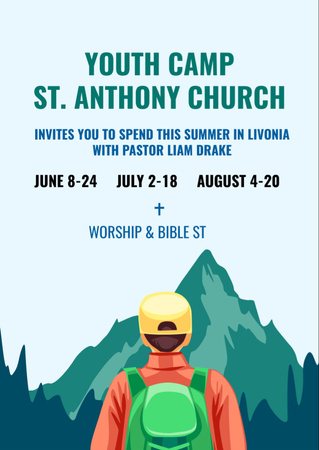 Youth Religion Camp invitation with boy in Mountains Flyer A6 Design Template