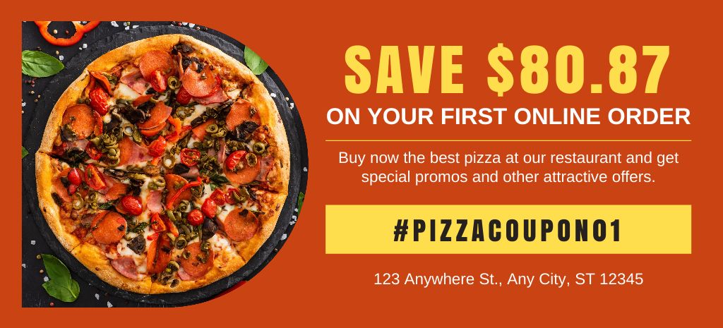 Discount on First Online Pizza Order Coupon 3.75x8.25in Šablona návrhu