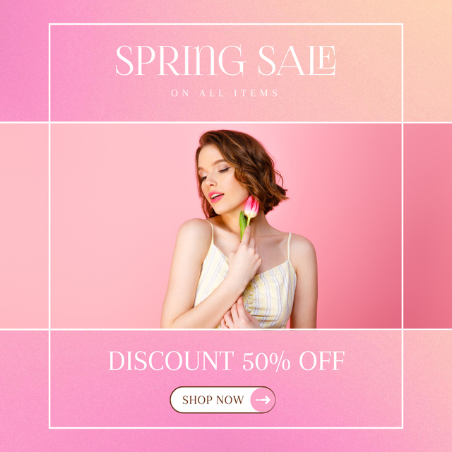 Spring Sale with Beautiful Woman with Pink Tulip Instagram AD Design Template