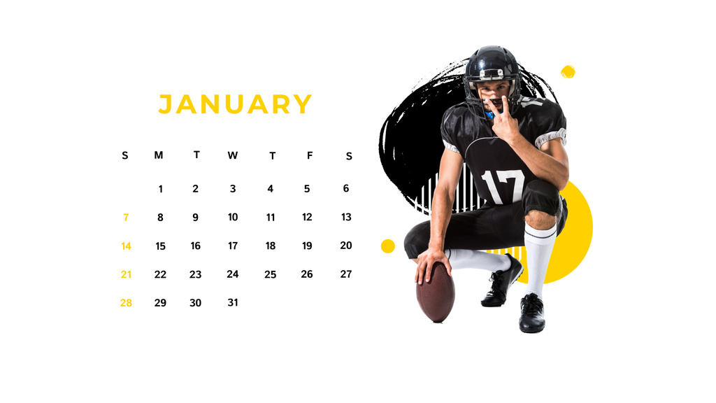 Plantilla de diseño de American Football Player with Sports Ball Calendar 