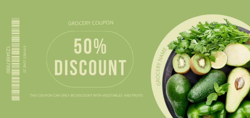 Grocery Store Ad with Appetizing Green Vegetables Coupon Din Large Šablona návrhu