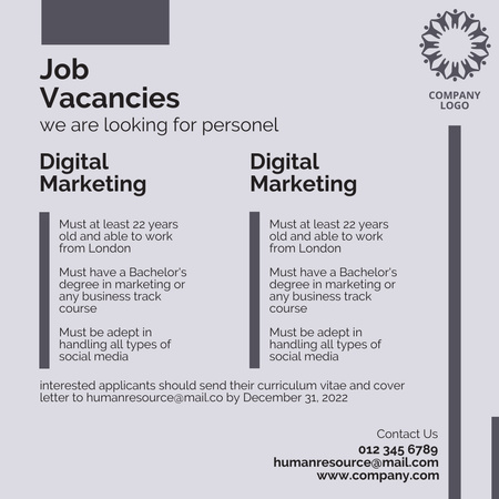 Open Job Vacancies in Digital Marketing Instagram Design Template