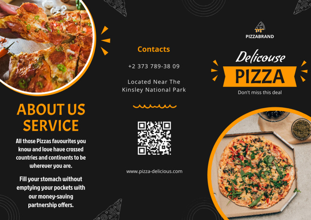 Delicious Pizza Offer on Black Brochureデザインテンプレート