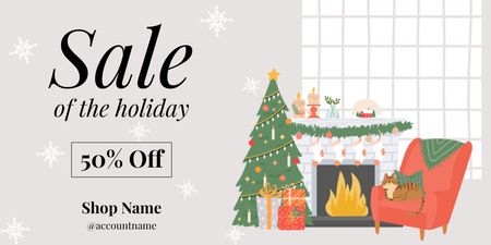 Christmas and New Year Sale Offer with Charming Fireplace Interior Twitter Design Template