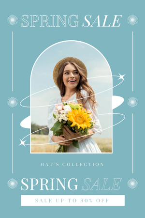 Spring Sale with Beautiful Young Woman with Flowers Pinterest Design Template
