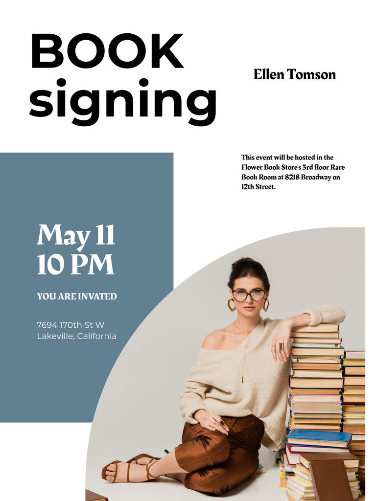 Book Signing Announcement with Female Author Poster US Modelo de Design