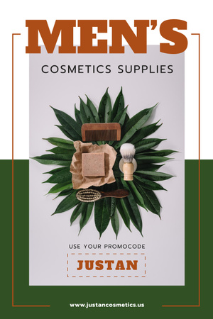 Men's Cosmetics Promotion with Wooden Tools in Green Pinterest Design Template