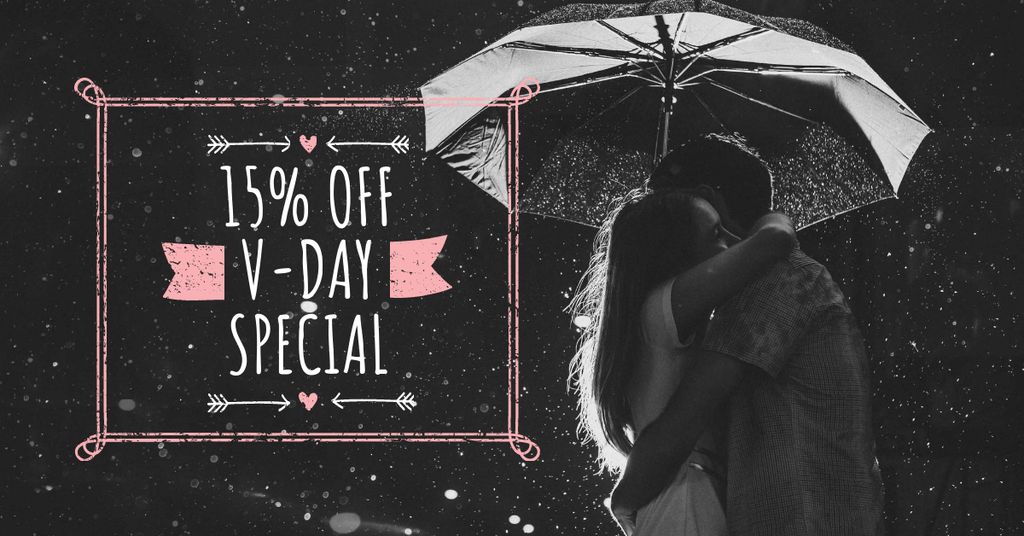 Valentine's Day Offer with Couple under Umbrella Facebook AD Tasarım Şablonu