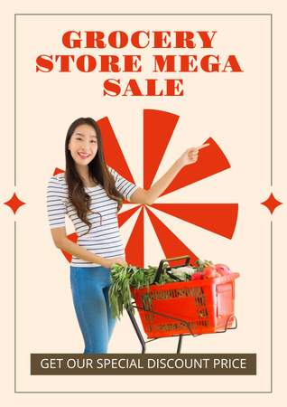 Grocery Store Advertisement with Young Asian Woman Poster Design Template
