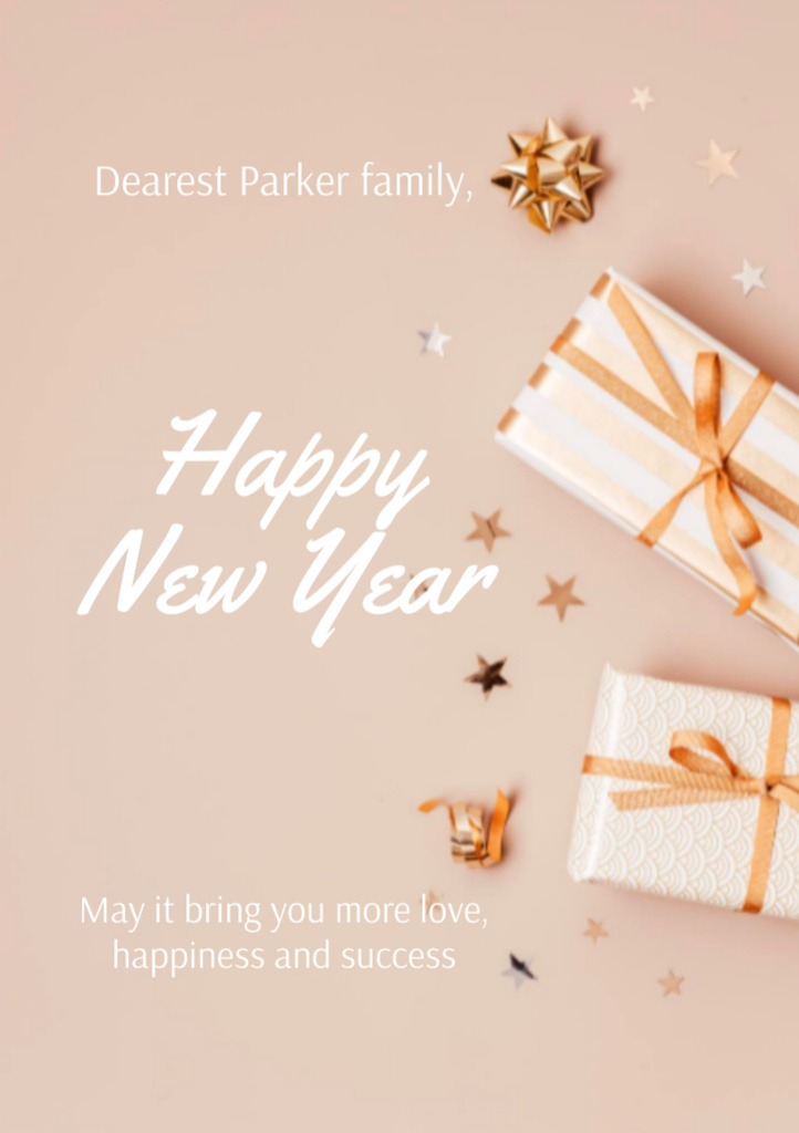 New Year Greeting with Presents on Beige Postcard A5 Vertical Modelo de Design