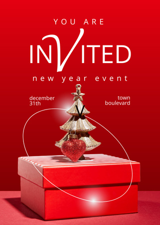 New Year Celebration with Gold Tree Decoration and Present Invitation Design Template