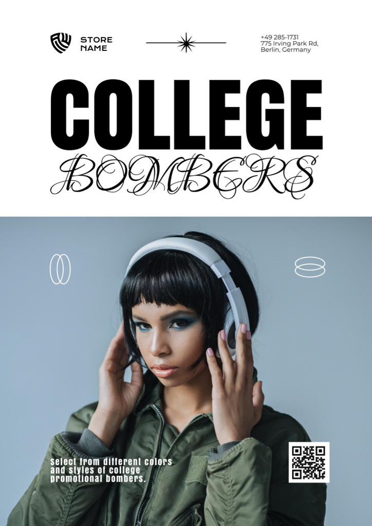 Sale of Branded College Bombers with Woman in Headphones Poster A3 Design Template