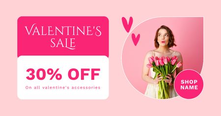 Valentine's Day Sale with Woman with Tulip Bouquet Facebook AD Design Template