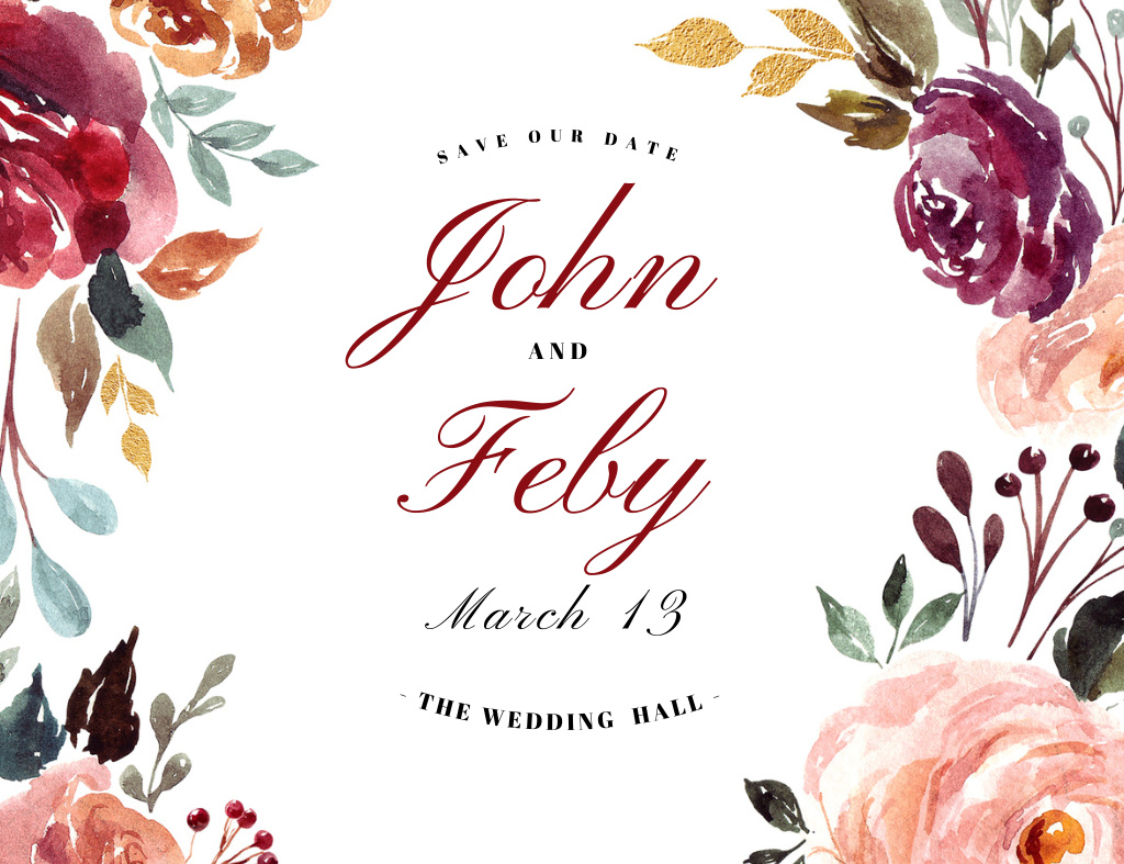Red Watercolor Flowers on Wedding Announcement Invitation 13.9x10.7cm Horizontal Design Template